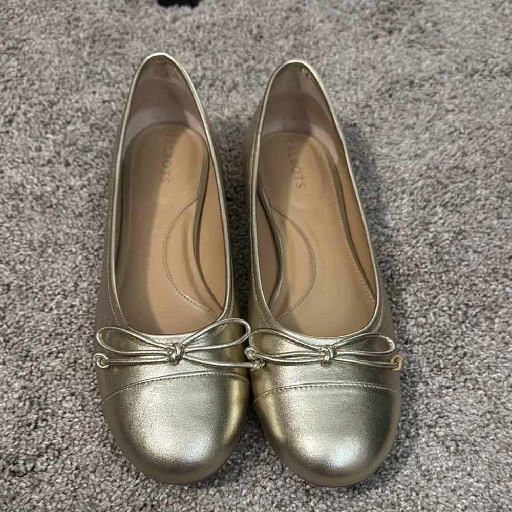Gold Ballet Flats with Bow Detail and Rounded Toe
